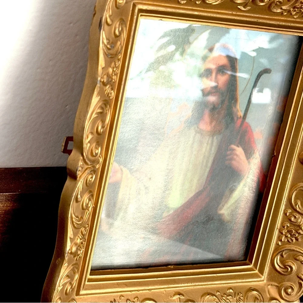 Vintage Jesus Knocking on the Door Art Print Ornate Gold Heavy Plastic Framed